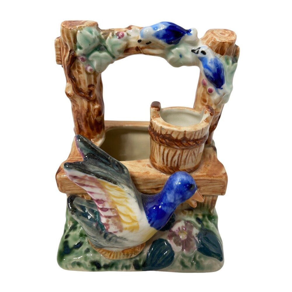 Vintage Ceramic Well With Bird Figurine & Small Bucket
